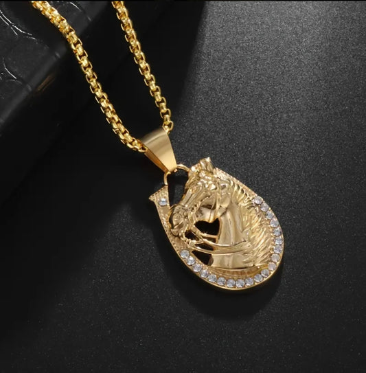GOLDEN HORSE HEAD NECKLACE BLING8UK