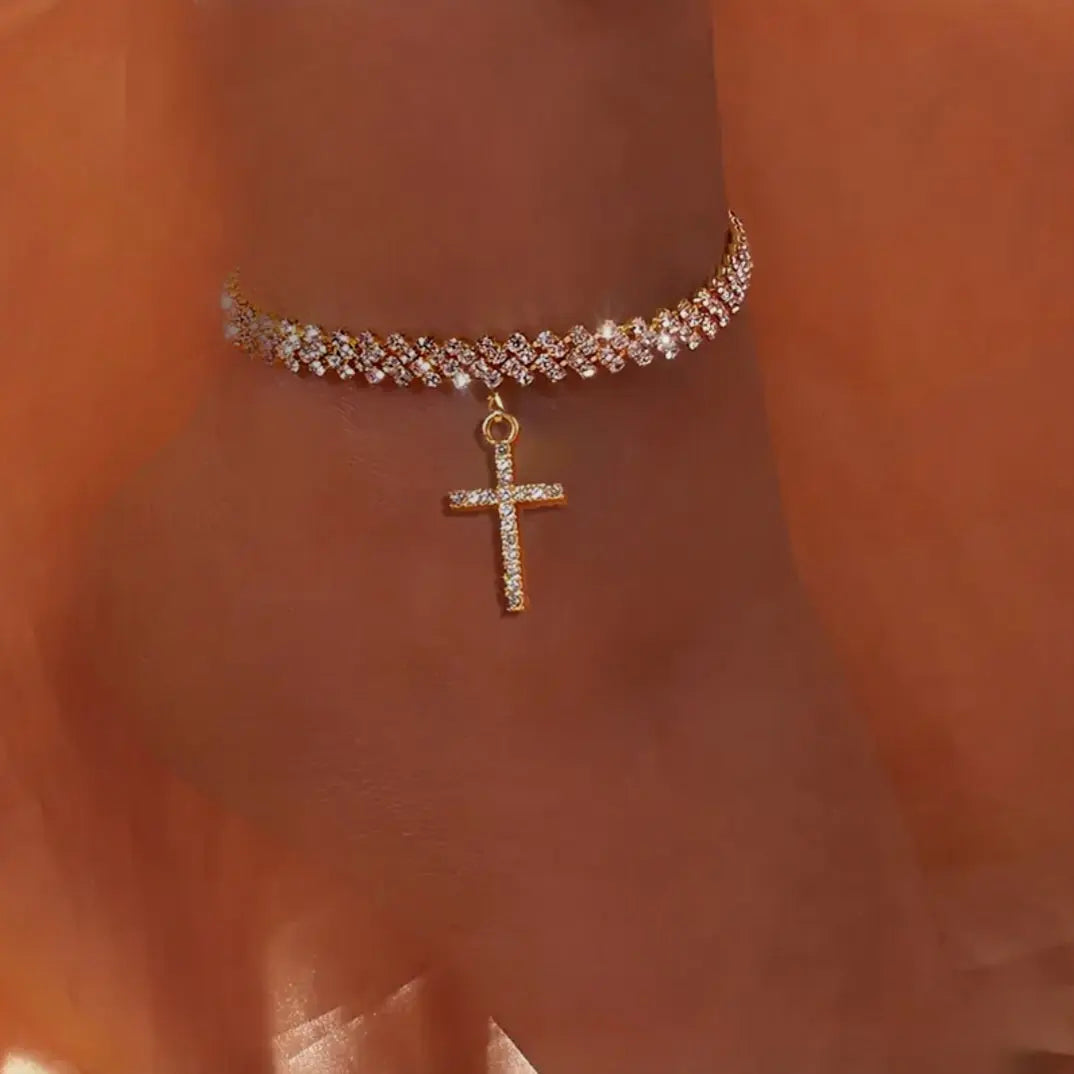 GOLD CROSS PENDANT ANKLET BLING8UK
