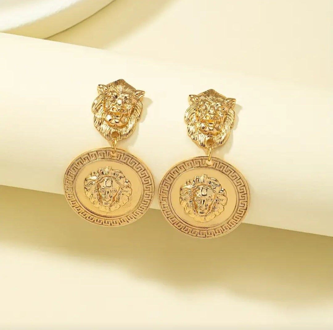 GOLDEN LION HEAD EARRINGS BLING8UK