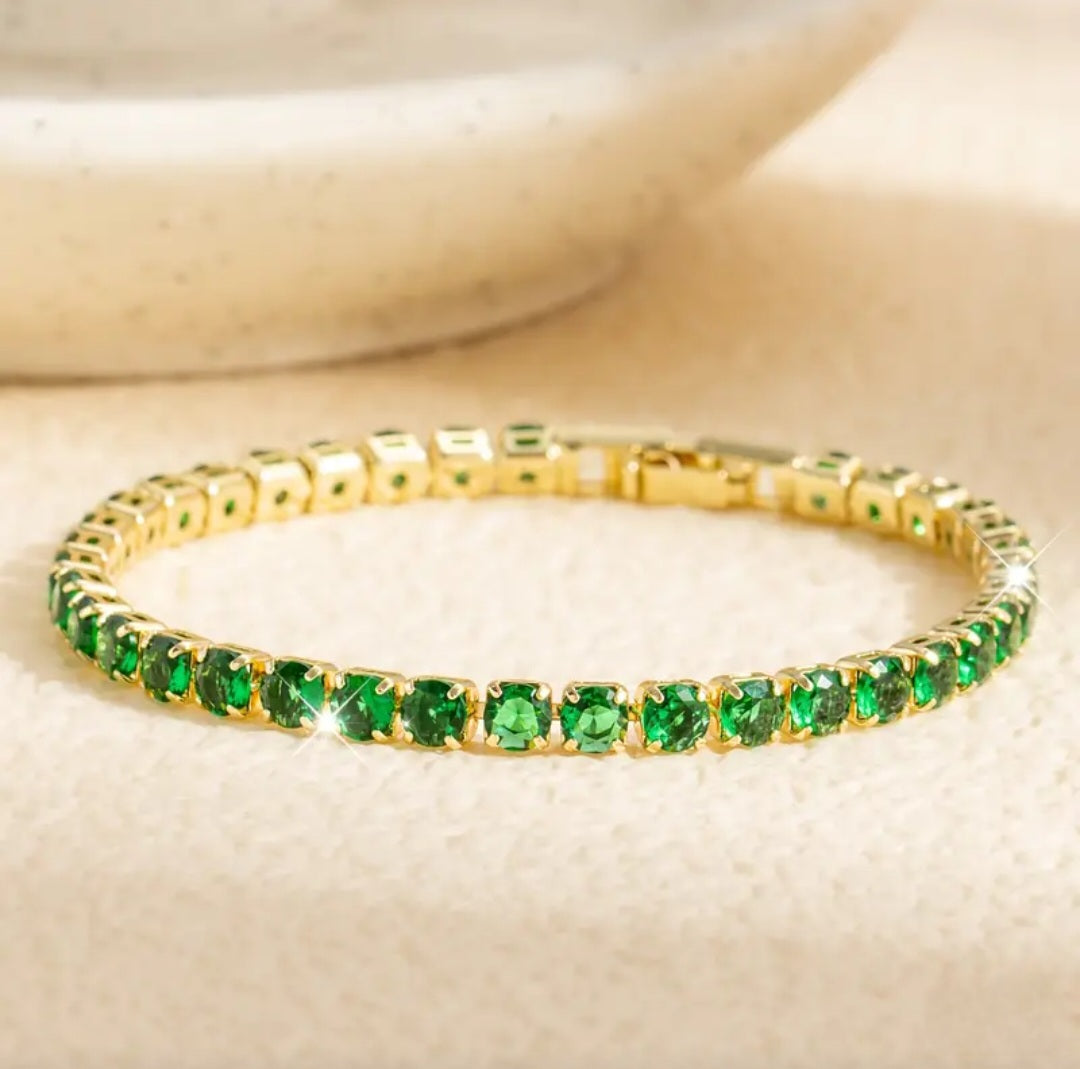 GOLD & GREEN STONE TENNIS BRACELET BLING8UK