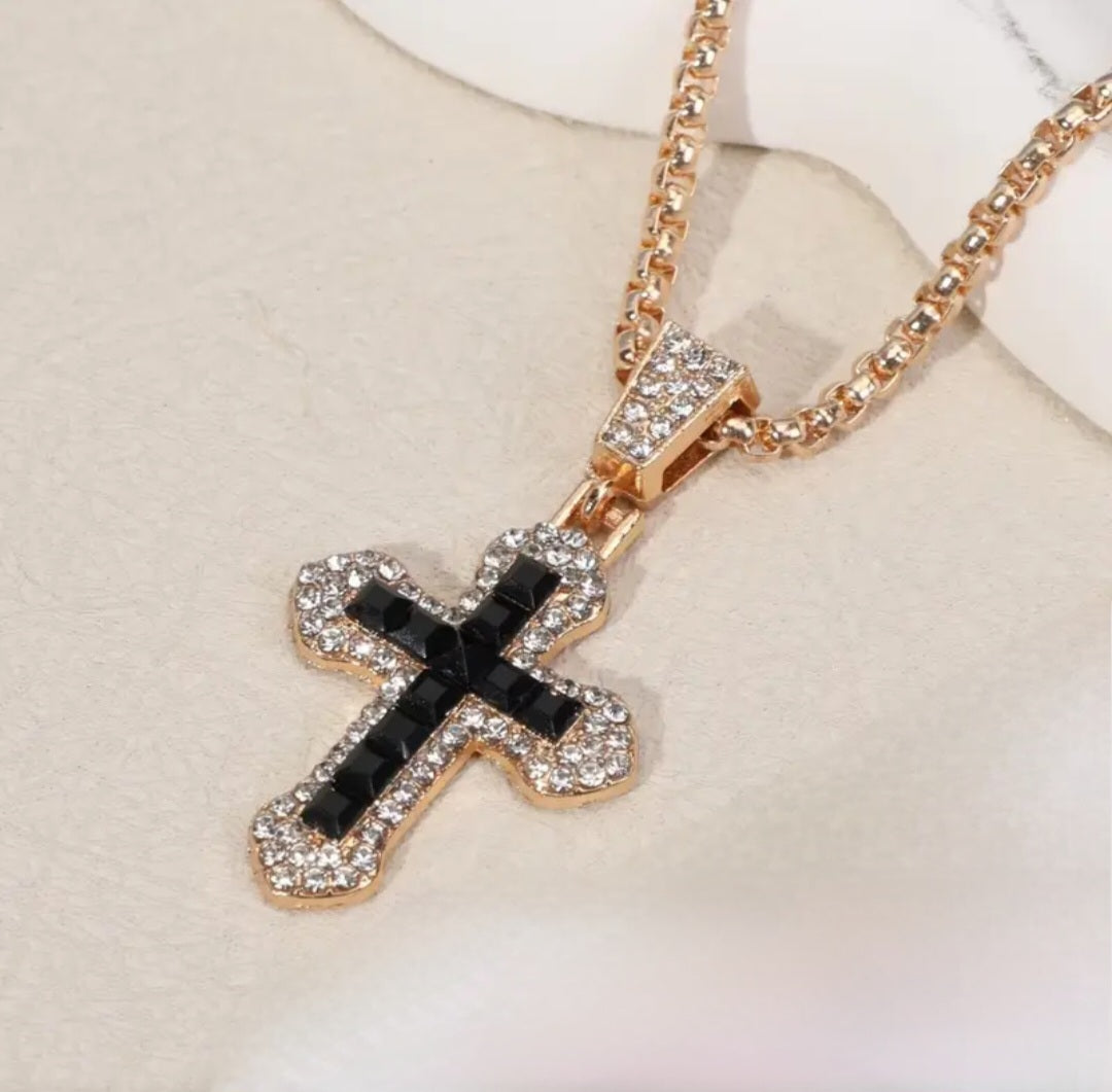 BLACK REINSTONE CROSS NECKLACE BLING8UK