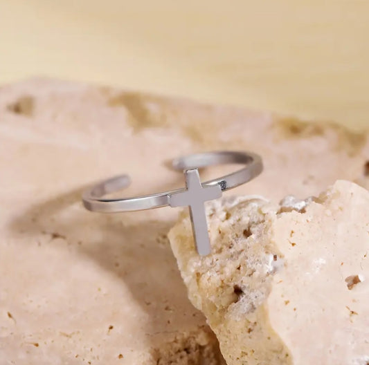 SILVER STEEL OPEN CROSS RING BLING8UK