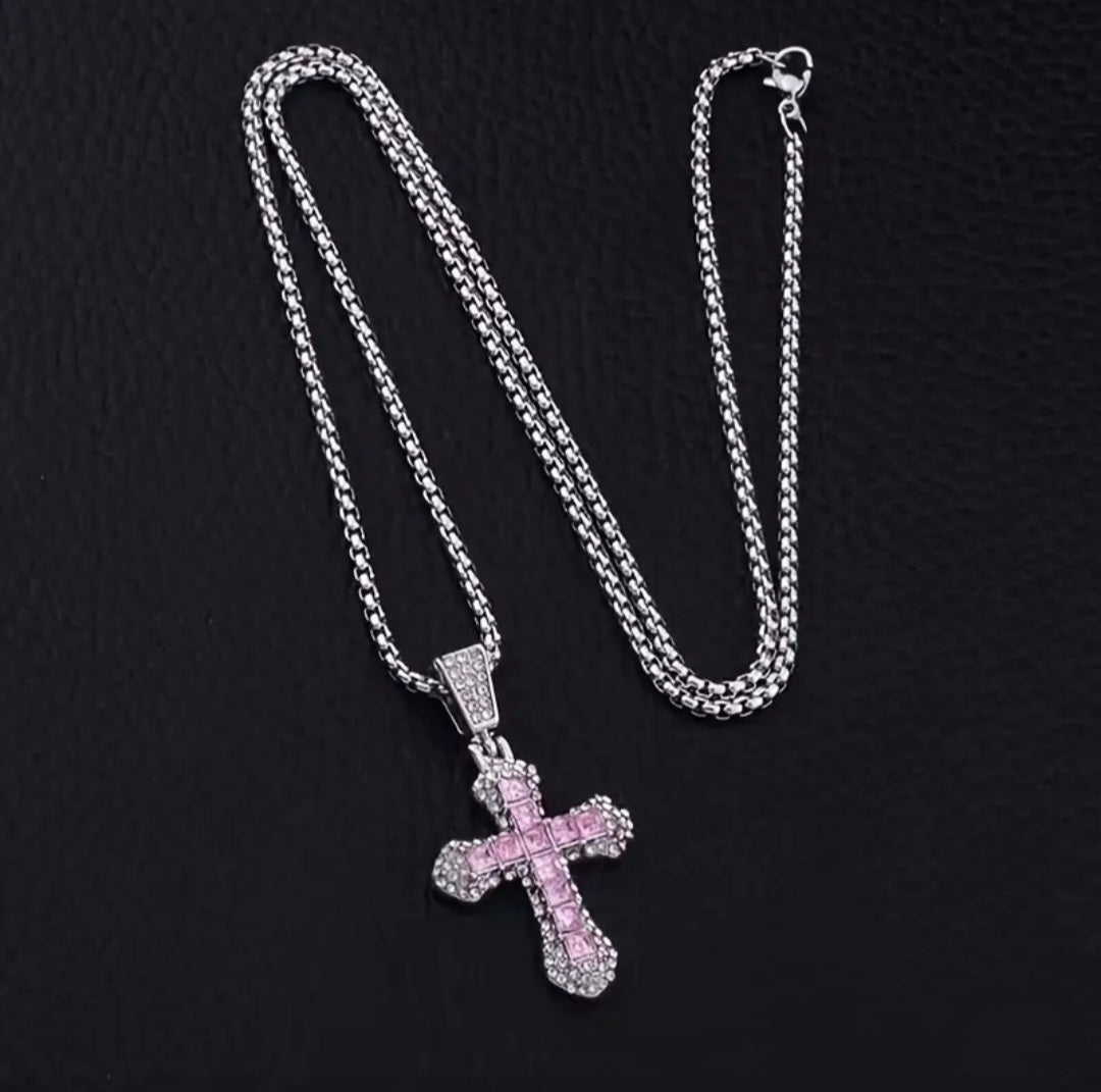 PINK RINGSTONE CROSS NECKLACE BLING8UK