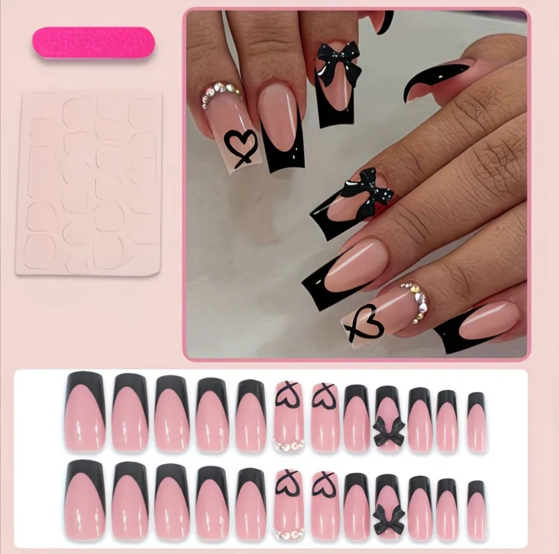 LOVE HEART BLACK BOW NAILS B+F 8