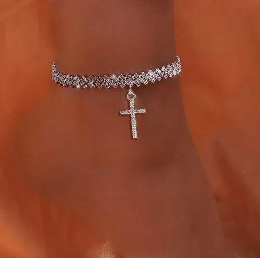 SILVER CROSS PENDANT ANKLET BLING8UK