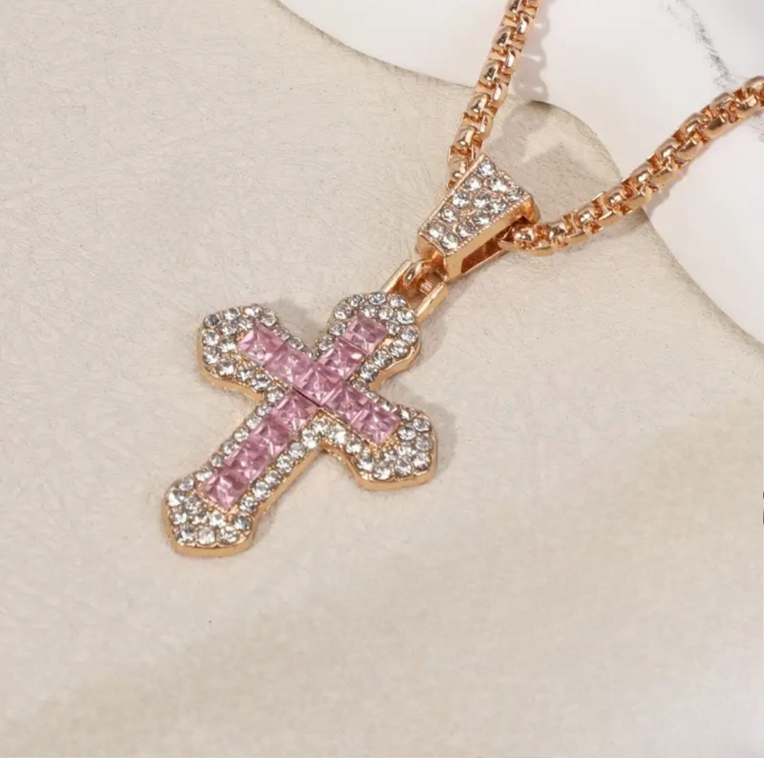 PINK RINGSTONE CROSS NECKLACE BLING8UK