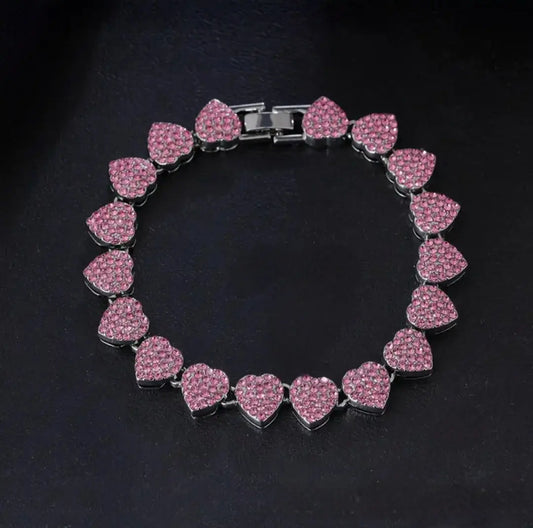 SILVER & PINK LOVE HEART BRACELET BLING8UK