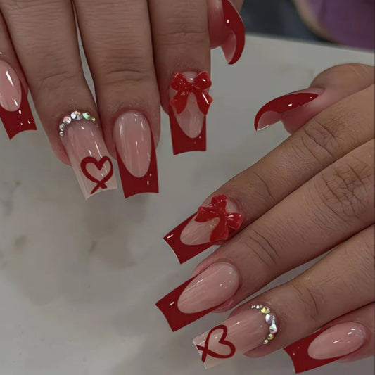 LOVE HEART RED BOW NAILS B+F 8