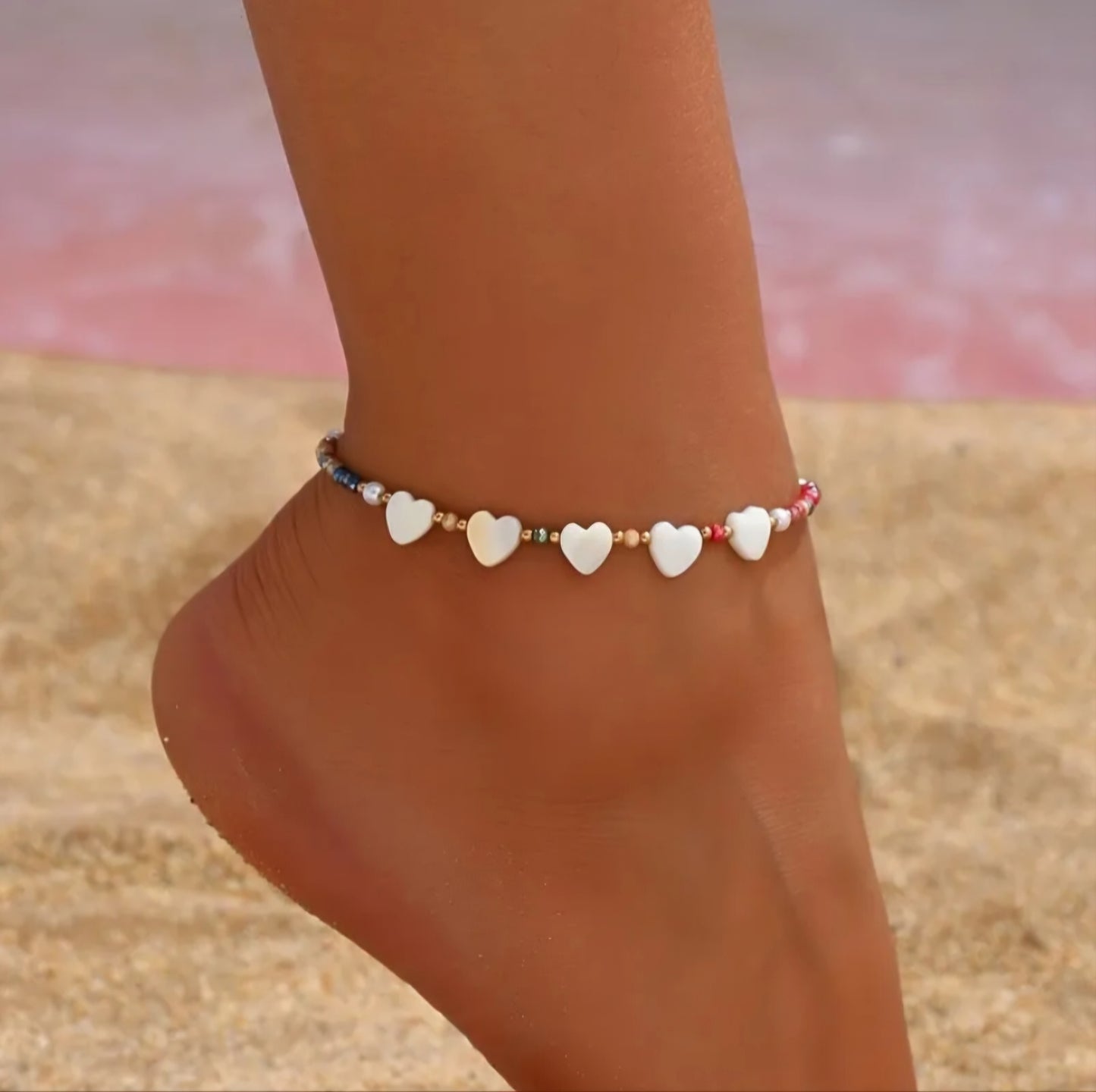 WHITE HEART BEADED ANKLET B+F 8
