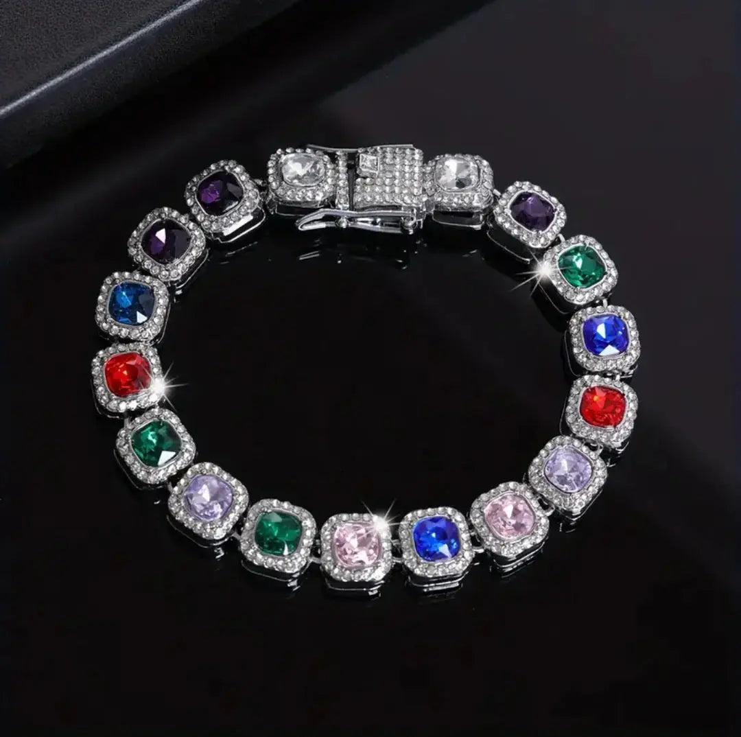 SILVER ICED OUT GEMSTONE BRACELET BLING8UK