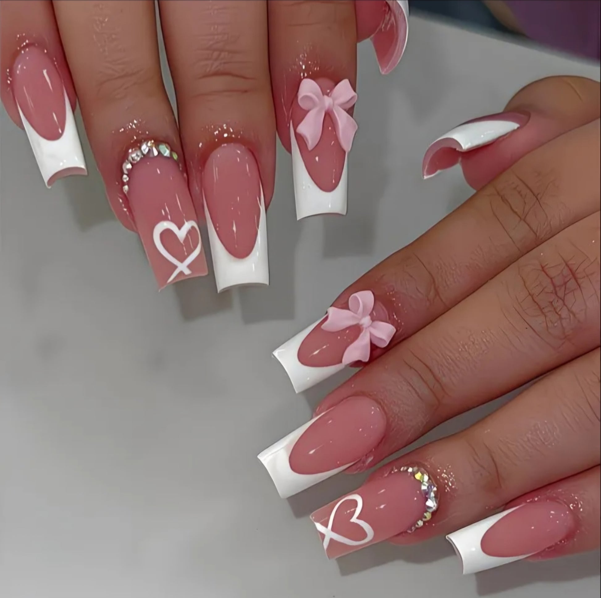 LOVE HEART PINK BOW NAILS B+F 8