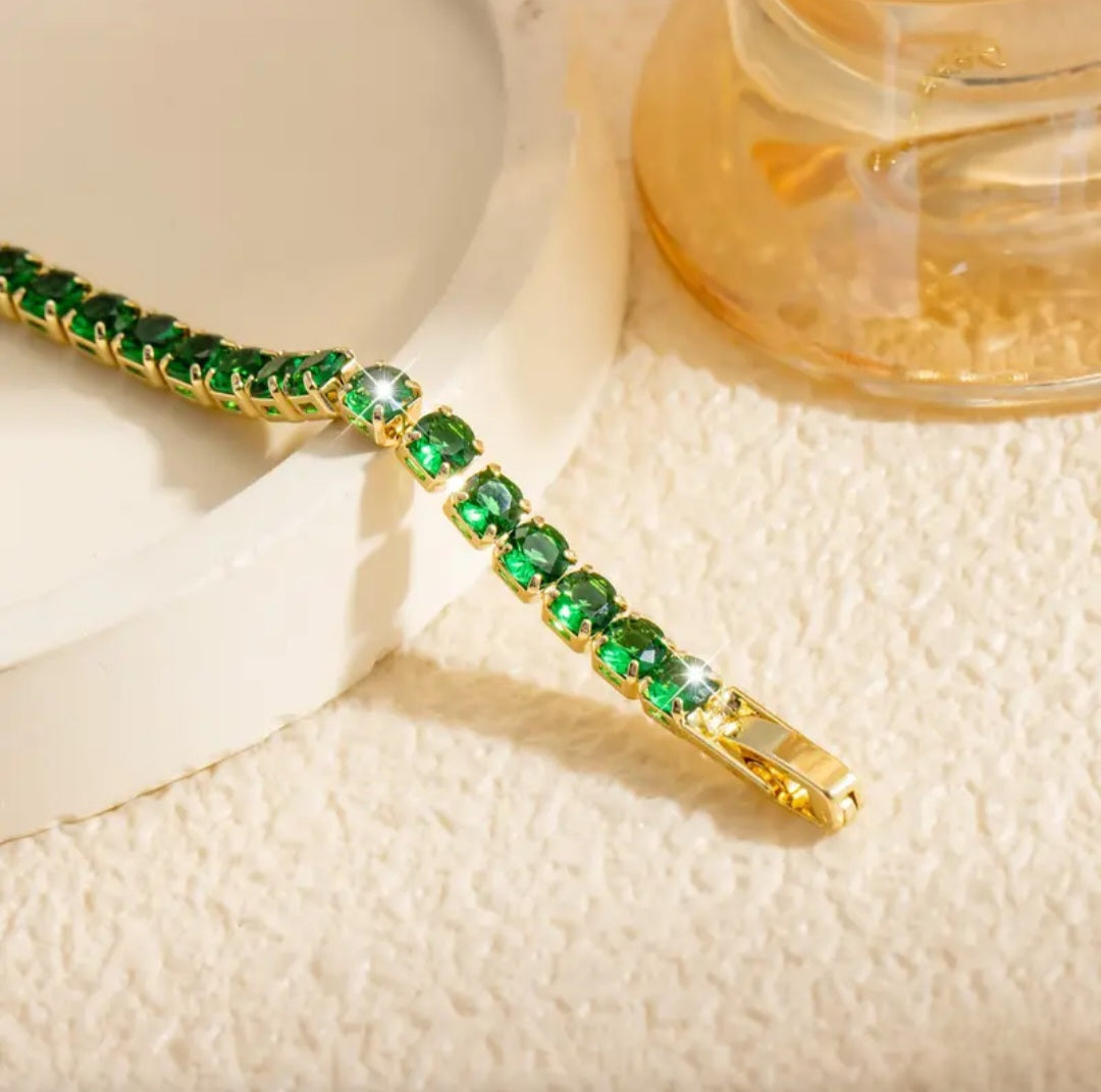 GOLD & GREEN STONE TENNIS BRACELET BLING8UK