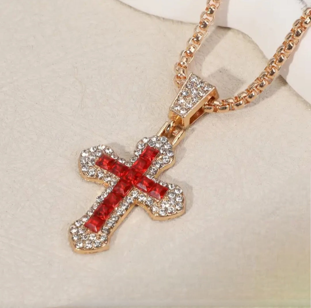 RED RINGSTONE CROSS NECKLACE BLING8UK